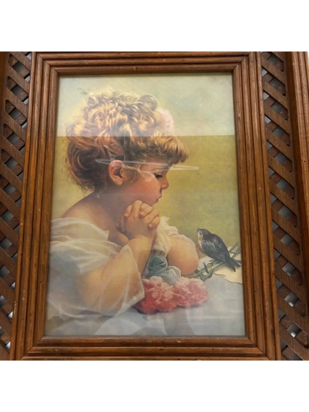 Vintage Praying Child Bird Print Wood Lattice Frame Religious Spring Wall Art